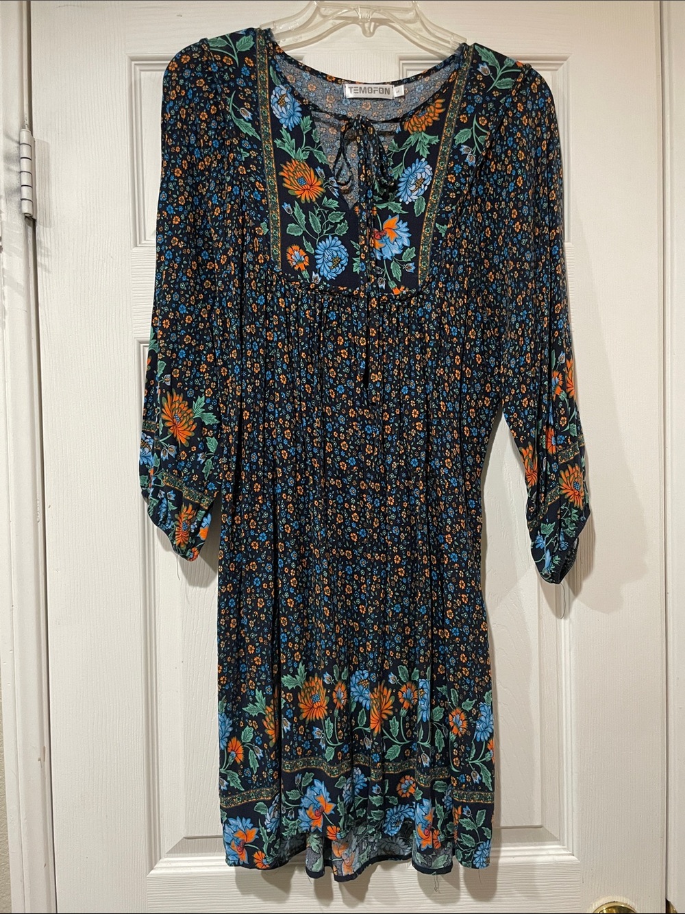 Temofon Navy Floral Mini Dress with Orange & Blue Blooms